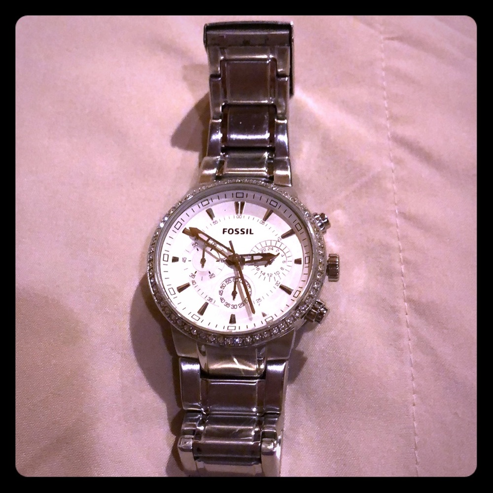 Boyfriend Fossil watch with faux diamond accents
